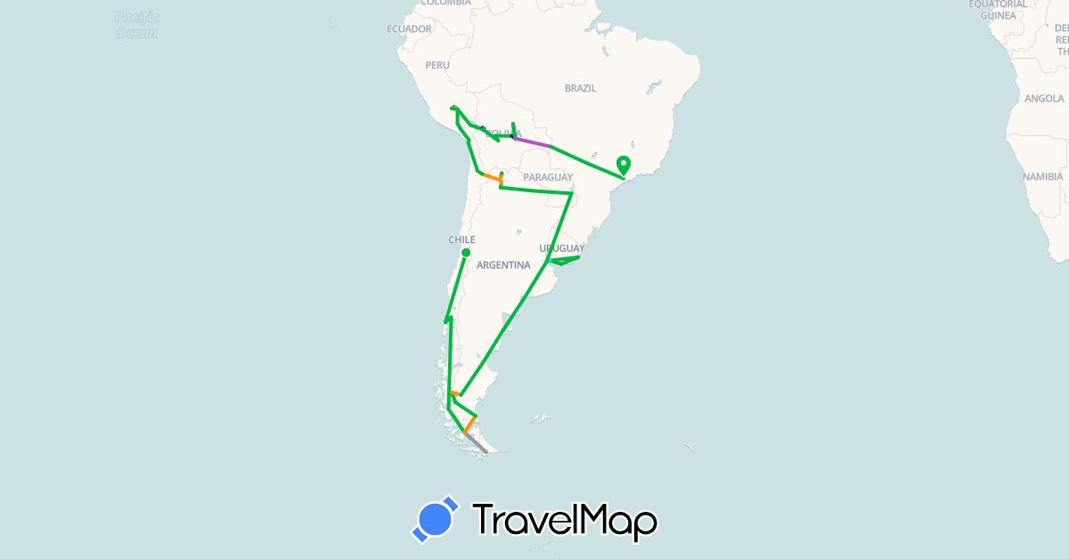 TravelMap itinerary: driving, bus, plane, cycling, train, boat, hitchhiking in Argentina, Bolivia, Brazil, Chile, Peru, Uruguay (South America)